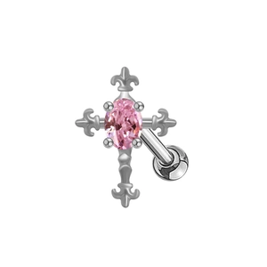Piercing de nombril croix en acier inoxydable avec pierre de zircone rose centrale