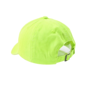 Rear 45-degree view of neon green baseball cap with adjustable black metal buckle