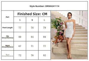 Detailed size chart for the sequin evening dress with a model preview on stairs