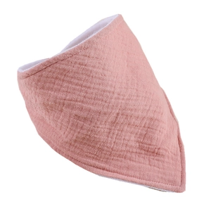 Pink double-layer cotton muslin baby bandana bib with soft crinkle texture on white background