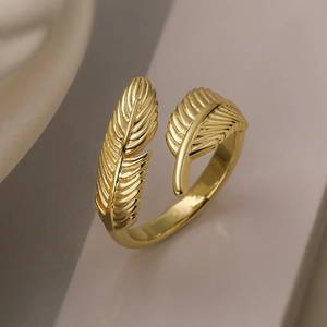 Minimalist 18K gold plated feather wrap ring with adjustable open band for women