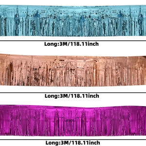 Detailed comparison of 3m shiny metallic foil fringe curtains in blue, rose gold, and purple
