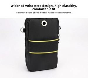 Detail of the widened elastic armband and headphone jack on black sports phone bag