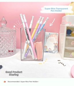 Detailed view of a transparent acrylic pencil holder with colorful stationery items