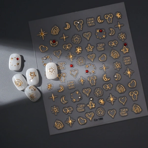 Stickers ongles 3D dorés étoiles et lune Co-186 avec motifs célestes et textes gaufrés