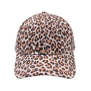Close-up of leopard print baseball cap featuring soft faux fur texture and curved brim
