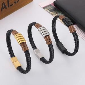 Detailed view of woven leather bracelets with magnetic clasps in three assorted colors