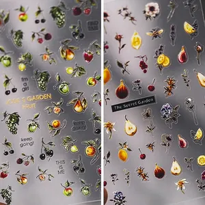 Vintage Fruit Flower Nail Stickers Embossed Transparent PET DIY Manicure Decals Garden Theme For Women