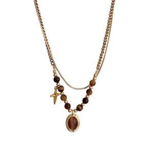 Double-layer stainless steel necklace with tiger eye stone oval pendant and gold star charm