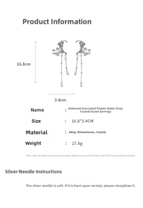 Detail showing crystal flower tassel ear cuff dimensions 16.8x3.4cm on white background