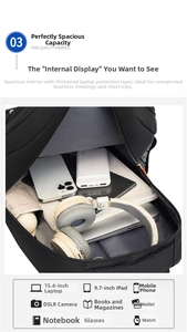 Detail view of the spacious interior with a padded laptop sleeve for 15.6 inch computers