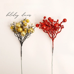 Golden and red glitter Christmas decorative ball stems for holiday scene arrangement