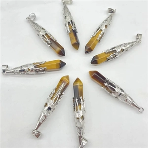 Tiger eye stone hexagonal prism pendants with silver filigree caps in an 8-piece set