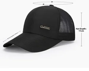 Dettaglio cappello sportivo nero con visiera da 10 cm e patch logo classic in mesh