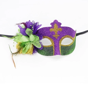 Masquerade feather mask with purple flowers and gold glitter for festive party events
