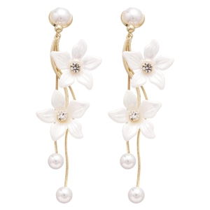 Elegant gold flower pearl drop earrings with sparkling rhinestone accents and long tassels