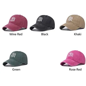 Vintage washed cotton Dog Mom baseball caps in wine red, black, green and khaki