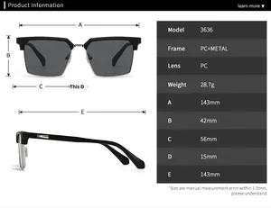 Detailed size chart for square sunglasses model 3636 with PC metal frame and measurements