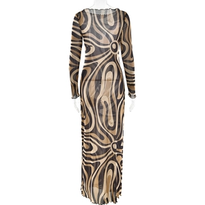 Detail of sheer mesh dress showing bold brown swirl prints and slim fit back view