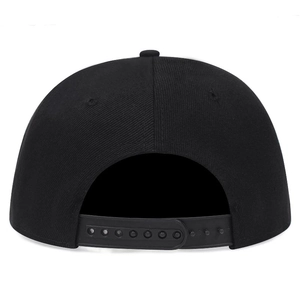 Detailed view of the adjustable plastic snapback closure on a black twill baseball cap