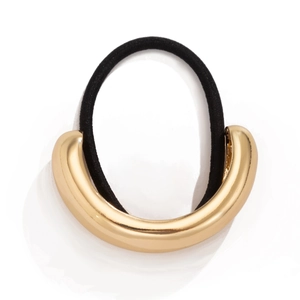 Minimalist double-layer gold crescent metal hairpin with black elastic hair tie