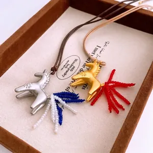 Horse Pendant Necklace With Alloy Glass Beaded Tail Long Rope Chain Creative Fashion Jewelry For Women