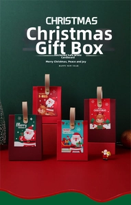 Detail of thickened Christmas gift boxes with leather handles and festive illustrations