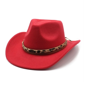 Detail eines roten Cowboyhuts aus Wollfilz mit stilvollem Leoparden-Plüschband