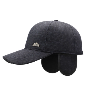 Winter thermal baseball cap for elderly men with earflaps and fleece lining in navy blue