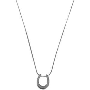 Minimalist silver U-shaped horseshoe pendant on a fine snake chain necklace for women