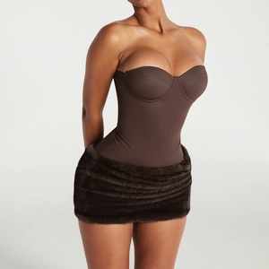 Slim fit brown tube top corset dress with faux fur mini skirt for women's fashion