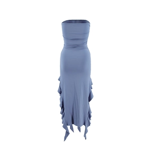Detail of blue-grey strapless slim dress featuring horizontal pleats and ruffled hemline