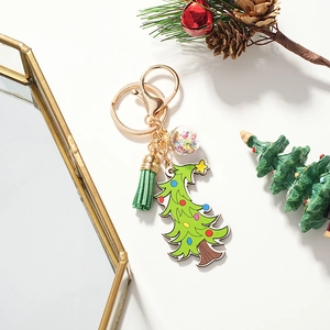 Porte-clés Créatif en Bois Arbre de Noël Fermoir Mousqueton en Alliage Doré Gland en Cuir Vert Boule de Verre à Paillettes Cadeau