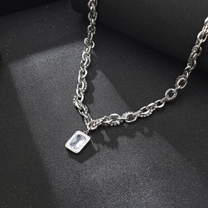 Hip-hop silver titanium steel chain necklace with square zircon pendant and crystal pavé