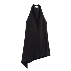 Detail of black halter sleeveless top with minimalist asymmetrical hem on white background