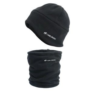 Detail of black thermal fleece beanie and neck warmer set for winter outdoor protection