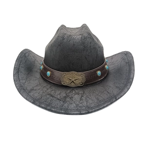 Vintage western cowboy hat in distressed suede with turquoise and star metal buckle