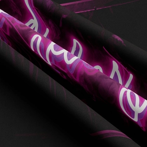 Macro detail of high-quality black fabric tapestry with purple neon art typography print