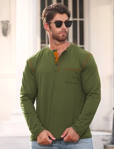 Detail of olive green Henley sweatshirt showing orange contrast stitching on the pocket