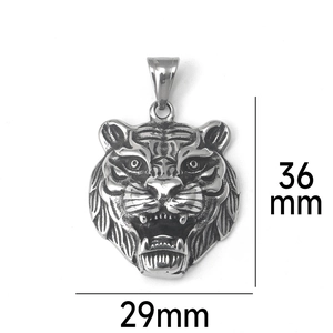 Detailed size view of the vintage stainless steel tiger head pendant showing 36mm by 29mm