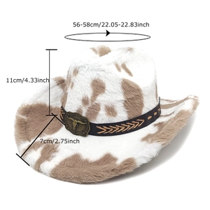Cappello da cowboy con stampa mucca in ecopelliccia con fibbia toro e misure dettagliate