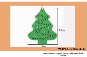Detailed view of green felt Christmas tree ornament with dimensions 7x8.8cm and pattern