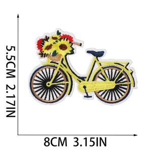 Detailed bicycle embroidery patch with sunflowers and size dimensions 8cm by 5.5cm
