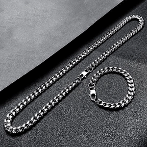 Men's silver stainless steel Cuban chain necklace and bracelet set with lobster clasp
