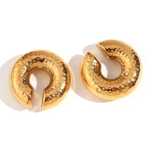 Chunky 18k gold plated C-shaped hollow earrings with hammered texture for women