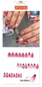 Detail of almond nails with 3D embossed flowers, butterflies and pearls in pink purple