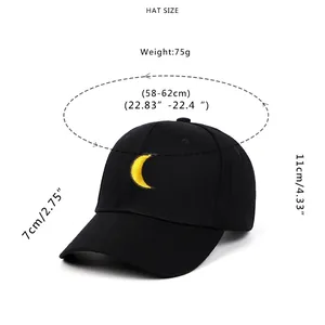 Size chart for black baseball cap with yellow moon embroidery showing 58-62cm head size