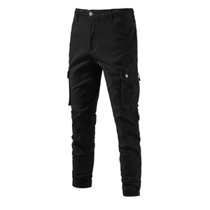 Men's black cotton cargo pants with multiple pockets shown in 3D realistic studio view
