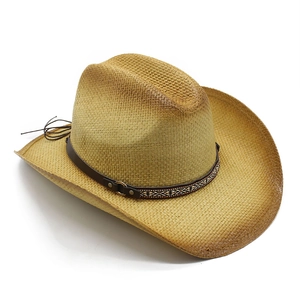 Classic men's woven straw cowboy hat with ethnic style leather band and sun protection
