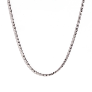 Minimalist silver box chain necklace made of polished stainless steel on white background